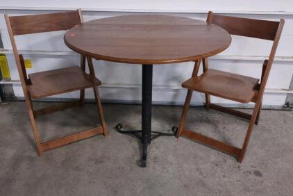 (1) Half Table Top Folding Table w/ Metal Legs & (2) Matching Wooden Chairs