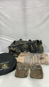 (1)Quick Draw Molle Tactical Rifle Scabbard Sleeve Bag Case w/ Shoulder Sling Desert Camo (1)Landway Large Camo Dufflebag (1)Go Army Backpack (2)Vintage East German AK-47 Magazine Pouch