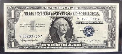 1957 B Series Silver Certificate One Dollar Note, Serial V16289766A (Crisp)