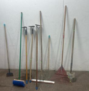 (4) Gardening hoes (1) Push broom (1) Rake (1) Shovel and more.