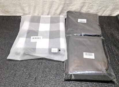 (1) Black & White Checkered Tablecloth, 55" x 86", (2) 100% Blackout Curtains for Bedroom, Portable DIY Window Blinds, No Drill Window Shades & Blackout Blinds with Stickers & Tabs for Travel, Dorm Room, Media Room, Black, 118" x 57" & (1) Box Of Assorte