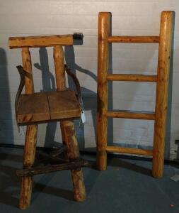 (1) Rustic Pine Log Chair w/ Antlers as Arm Rests & (1) Rustic Pine Log Blanket Ladder Holder