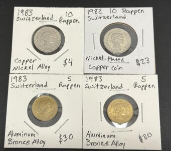 Swiss 1983 5 Rappen Aluminum Bronze Alloy Coin, Switzerland 1982 10 Rappen Nickel-Plated