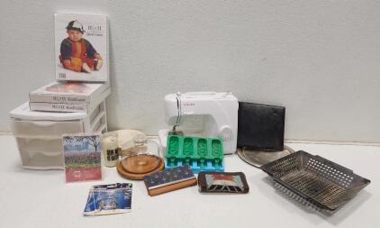 (1) Vintage Singer Sewing Kit W/ Cabinet (1) Singer 1507 Sewing Machine (1) Sterilite 3-Drawer Organizer And More