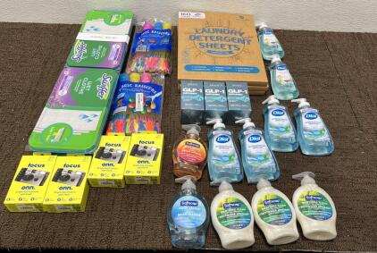 (11 )Anti Bacterial Liquid ,(2)Swiffer Wet Cloths,(3) Laundry Detergent Sheets,(2) Magic Balloons,(4) Single Onn one time used Camera With Flash, (3) GLP Supplements..