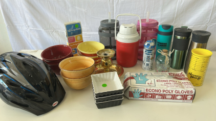 (6)Assorted Colored Bowls (2)Contigo Coffee Mugs (3)Large Water Jugs (1)Egg-Design Molds Set Of 4 & More