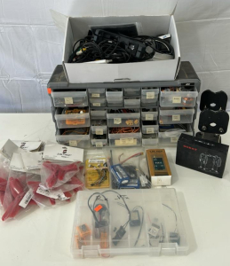 (1) OCDAY Propeller Balancer (12) T5045 Red Propellers (1) Assortment Of Cords (1) Box Of RC Plane Parts And Wires & More