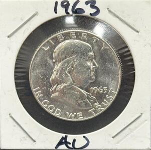 1963 Franklin Half Dollar, U.S. Coin, AU Grade, 90% Silver