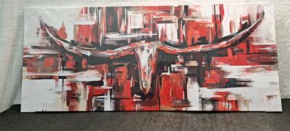 (1) Modern Canvas Wall Art Print, Abstract Bulls Head, 20"T x 48"W