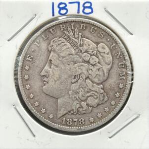 1878 Morgan Dollar Coin, 90% Silver, No Mint Mark, 38.1 mm Diameter