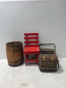 (1) 18&rdquo;x 10&rdquo;x 8&rdquo; Picnic basket (1) 12&rdquo;x12&rdquo;x 24&rdquo; red chair (1) 16&rdquo;x 17&rdquo; Barrel.