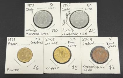Ireland 20 Euro Cents 2002, France 20 Centimes 1975, Italy 50 Lire 1955 & 1970