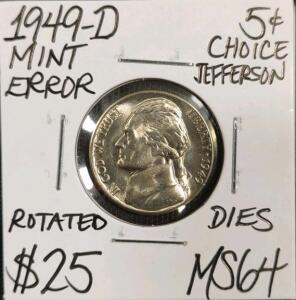 1949-D MS64 Mint Error Choice Jefferson Nickel