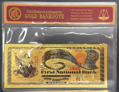 KL 2 Dollar Gold-Plated Banknote, 99.9% Pure 24k Gold, Replica of 1915 Design