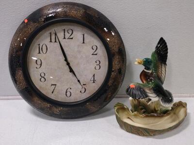 (1) Vintage Ceramic Mallard Duck TV lamp from 1950s & (1) Mosaic-Style Wall Clock Featuring an Amber/Brown Crushed Glass Mosaic Designed Frame