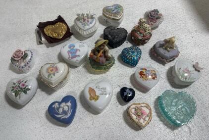 Large Assortment Of Heart Shaped Ceramic And Glass Jewelry Dishes