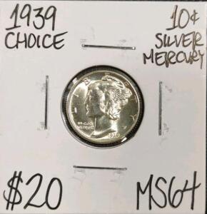 1939 MS64 Choice Silver Mercury Dime