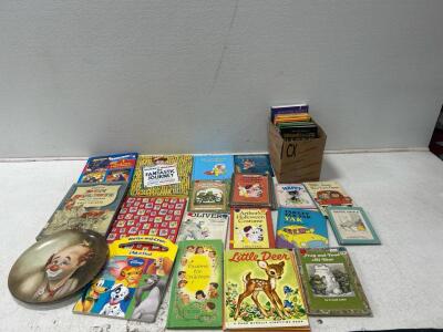 (27) Books including keep your eyes open, frog and the toad together, and where&rsquo;s Waldo (1) Clown plate
