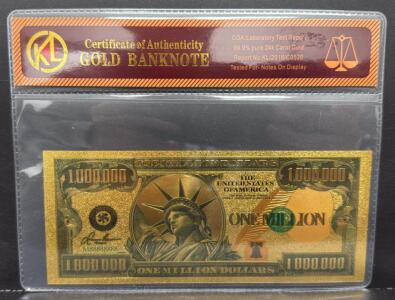 Gold Banknote, 99.9% 24K Gold, One Million Dollar, Serial MB888888