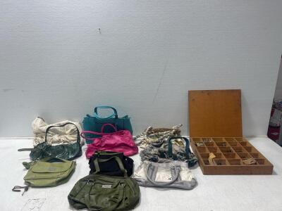 (10) Assorted purses (1) Wooden tool box