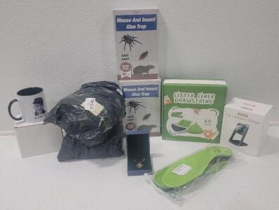 (1) Rose & Gemstone Necklace (1) Set of 2 Soccer Nets (1) Drawstring Litter Box Liners (2) Mouse and Insect Glue Traps (1) "In Your Face" 11oz. Coffee Mug (1) Orthotic Shoe Inserts Mens 8-10 women's 9-11 (1) 3-1 Wireless Charger