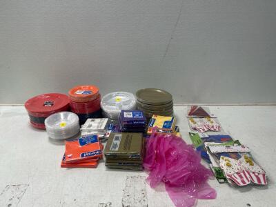 (1) Box of party supplies including balloons, Plates, Colored Napkins, and Bowls.