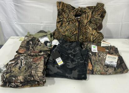 (1)Gamehide Hunting Jacket (2)38x34 RR Camo Pants (2)Large Camo Sweatpants (11)Camo Shirts