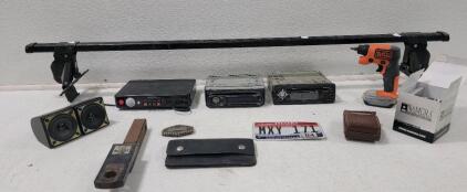 (1) Thule Velo Vise Bike Rack (1) Namura Piston Kit (1) CURT V-5 Rated Trailer Hitch Ball Mount (1) Sony Car Stereo (1) Clarion Car Stereo (1) Vintage Arvin 7 Transistor Radio and More
