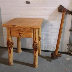 (1) 23"x 23"x 31" Rustic Pine Log Single Drawer Dresser Table & (1) 42"x 10" Rustic Pine Log Bathroom Towel Holder