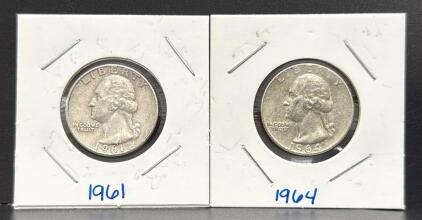 1961 & 1964 Washington Quarters, 90% Silver, U.S. Mint