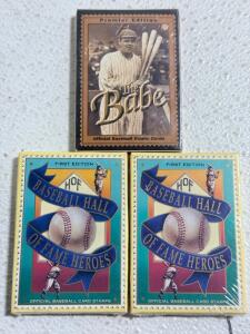 (1) The Babe Premier Edition Official Baseball Stamp Cards 100th Anniv Gold Foil- UNOPENED & (2) 1st Edition HOF Hall of Fame Heroes Baseball Card Stamps Sealed- UNOPENED