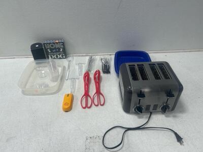 (1) Cuisinart Toaster (1) Zircon Edge finder (1) Samsung Speaker and more.
