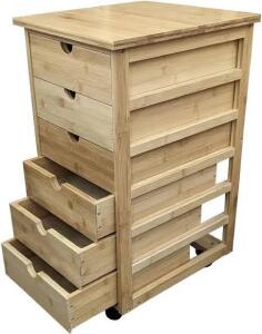 (1)Solid Bamboo Frame & Top 6-Drawer Rolling Cart