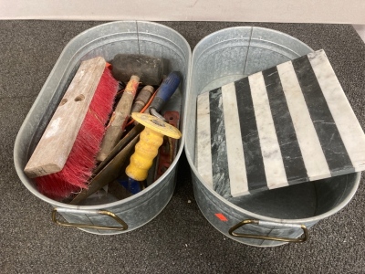 Assorted Tools & (2) Metal Bins