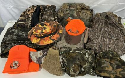 (3)Heavy Duty Camo Hunting Jackets (2)Heavy Duty Camo Coveralls (2)Hunting Vests (16)Camo/Orange Beanies And Hats