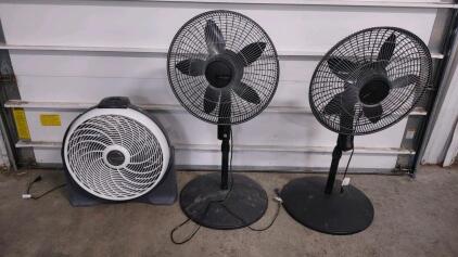 (2) Assorted Sized Standing Swivel Fans & (1) Sitting Round Box Fan