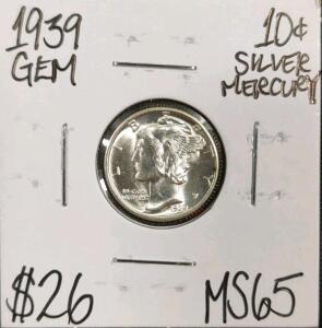 1939 MS65 Gem Silver Mint State Mercury Dime