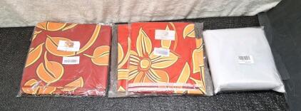 (3) Red & Yellow Patterned Tablecloths, 60" x 84", (1) 100% Blackout Curtain for Bedroom, Portable DIY Window Blinds, No Drill Window Shades & Blackout Blinds with Stickers & Tabs for Travel, Dorm Room, Media Room, White, 157" x 57" & (1) Box Of Assorte