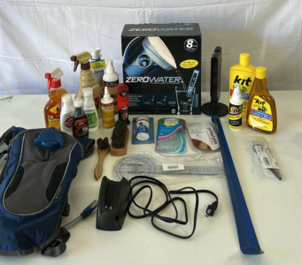 (1)Zero Water 8 Cup Pitcher (10)Assorted Shoe Conditioning/Polishing Items (1)Outdoor Products Water Resivor Backpack & More