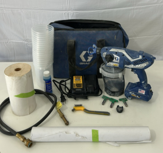 (1)Graco Ultramax Airless Spray Gun (1)Dewalt Battery Charger (2)Various Sized Rolls Of White Paper & More Accessories