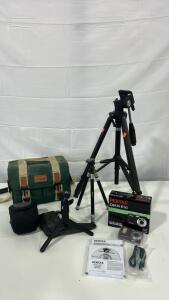 (1)Pentax Optio E90 Digital Camera (1) Vintage Canon Custom Gadget Bag 100 (1)Star-D Model 308 Mini Tabletop Tripod & More