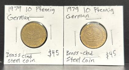 1979 German 10 Pfennig Coin, Brass-Clad Steel, Oak Leaves Design