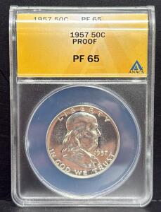 1957 Franklin Half Dollar PF 65, ANACS Certified, 90% Silver