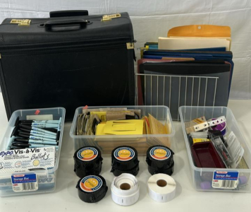(1) Black Briefcase With Wheels (20+) Paper Filing Folders (9) Betckey Premium Labels & More