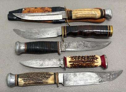 Vintage Fixed Blade Hunting Knives, Solingen, Kinfolks, Schrade, Stag & Leather Handles