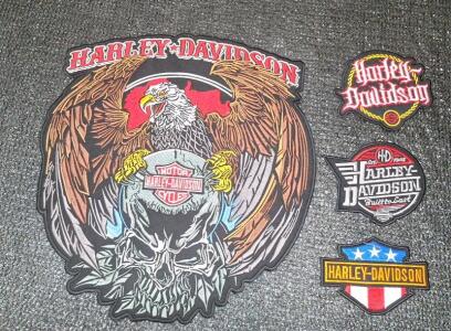 (4) Embroidered Harley Davidson Patches, (1) Large 12" Back Patch & (3) Smaller 4" Patches