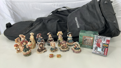 (1) Augusta Classic Collection Golf Travel Bag With Wheels (12)Vintage Figures (1) 1999 Upper Deck Michael Jordan Retirement Card Set (1)Playoff Prime 1996 Player Card Set (2)NFC Redskins Rings