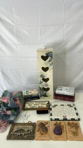 (1)25inx7in Flower Heart Box Decor (6)Hanging Wall Art (7)Assorted Books & More
