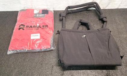 (1) Rambler - 2-Piece Men's Tracksuit, Medium, Red / Black, (1) Puffer Tote Bag, Black & (1) Box Of Assorted Amazon Overstock
