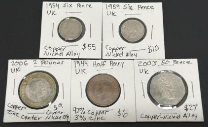 UK Coins Collection - 1954 Six Pence, 1959 Six Pence, 1944 Half Penny, 2006 2 Pounds, 2003 50 Pence